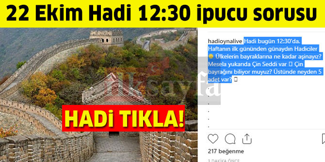 22 Ekim HADÄ° ipucu: Ãin BayraÄÄ±'nÄ±n Ã¼stÃ¼nde 5 adet ne var?