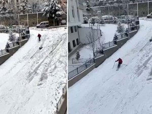 Ankara'da kayak takımı ile yokuştan kaydı